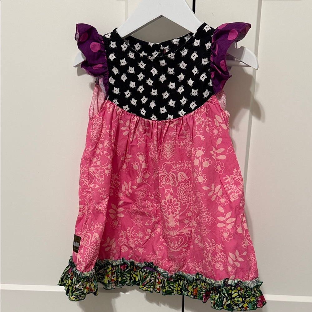 Matilda Jane Platinum Floral Dress with Black Cat and Purple Ruffle Sleeves 2